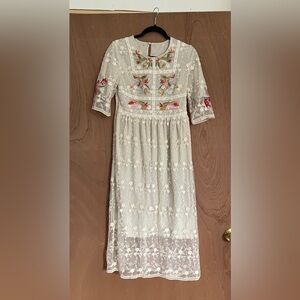 Petallush White Lace Midi Dress with Multicolor Embroidery